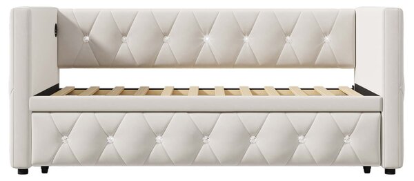 3 Seater Upholstered Bed, Pull Out Sofa Bed with Removable Trundle & Fast Charging Ports, Velvet Fabric, Beige Aosom UK