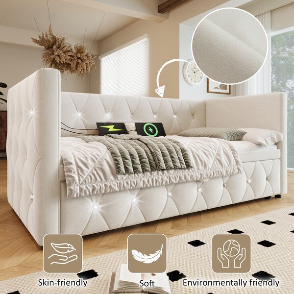 3 Seater Upholstered Bed, Pull Out Sofa Bed with Removable Trundle & Fast Charging Ports, Velvet Fabric, Beige Aosom UK