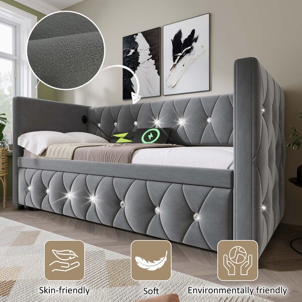 Upholstered Velvet Daybed with USB and Type C Ports, Pull-Out Trundle, Elegant Single Sofa Bed for Bedroom, 203L x 101-194W x 76H cm, Grey Aosom.UK