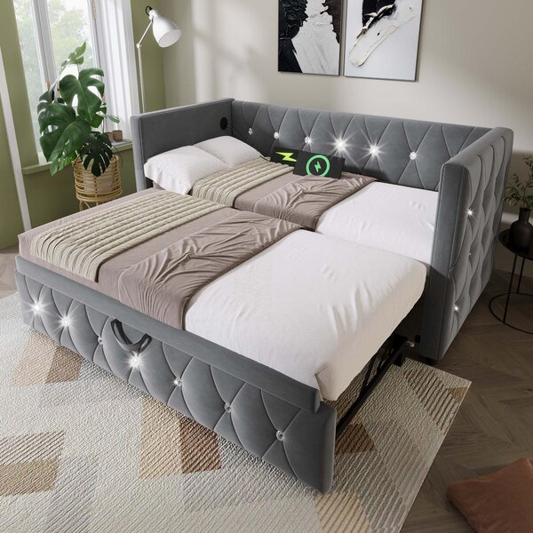 Upholstered Velvet Daybed with USB and Type C Ports, Pull-Out Trundle, Elegant Single Sofa Bed for Bedroom, 203L x 101-194W x 76H cm, Grey Aosom.UK