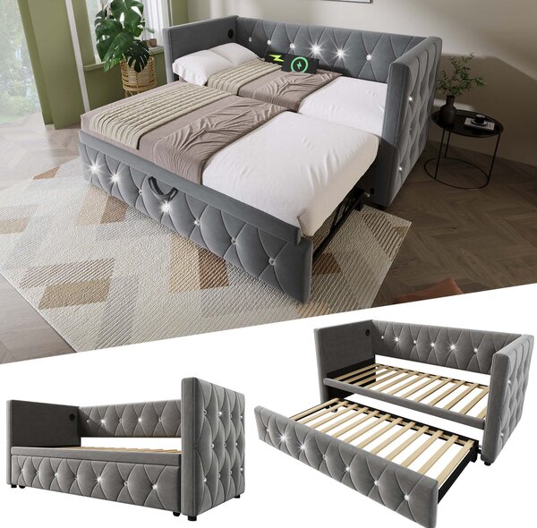 Upholstered Velvet Daybed with USB and Type C Ports, Pull-Out Trundle, Elegant Single Sofa Bed for Bedroom, 203L x 101-194W x 76H cm, Grey Aosom.UK