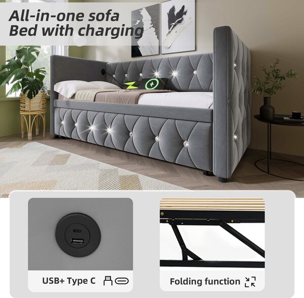 Upholstered Velvet Daybed with USB and Type C Ports, Pull-Out Trundle, Elegant Single Sofa Bed for Bedroom, 203L x 101-194W x 76H cm, Grey Aosom.UK