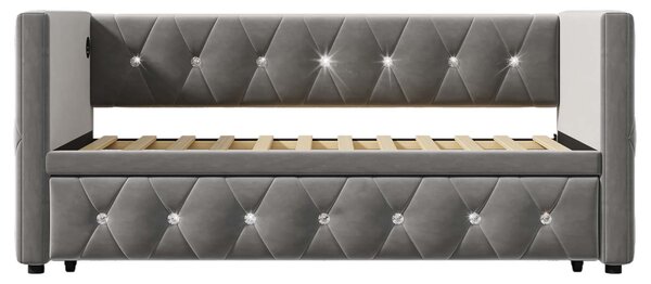 Upholstered Velvet Daybed with USB and Type C Ports, Pull-Out Trundle, Elegant Single Sofa Bed for Bedroom, 203L x 101-194W x 76H cm, Grey Aosom.UK