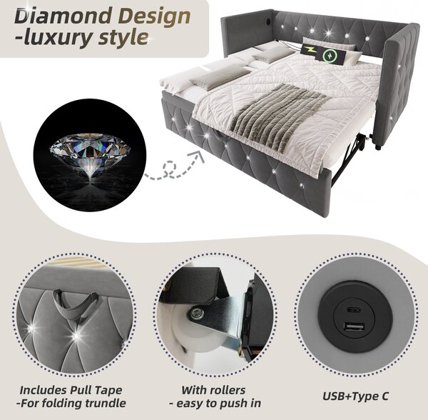 Upholstered Velvet Daybed with USB and Type C Ports, Pull-Out Trundle, Elegant Single Sofa Bed for Bedroom, 203L x 101-194W x 76H cm, Grey Aosom.UK