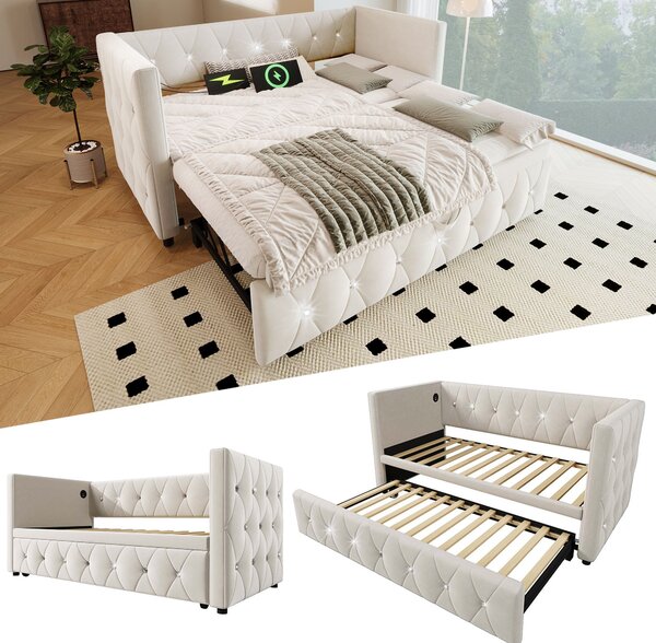 3 Seater Upholstered Bed, Pull Out Sofa Bed with Removable Trundle & Fast Charging Ports, Velvet Fabric, Beige Aosom UK