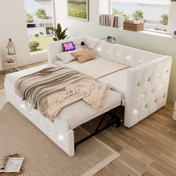 3 Seater Upholstered Bed, Pull Out Sofa Bed with Removable Trundle & Fast Charging Ports, Velvet Fabric, Beige Aosom UK