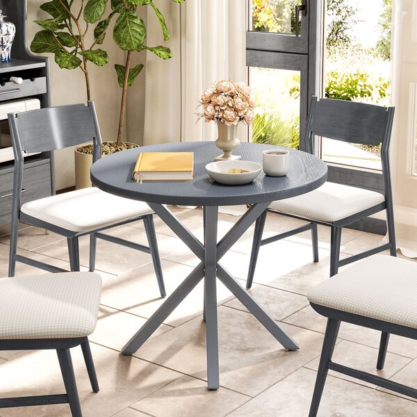 Outsunny Garden Table, 85cm Round Outdoor Dining Table with Steel Frame, Wood Effect Top, for Balcony, Deck, Dark Grey