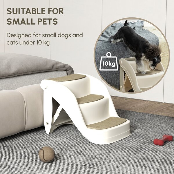 PawHut Foldable Pet Stairs Portable Dog Steps 3-Step Design with Non-slip Mats for High Beds, Sofas, 49 x 38 x 38 cm, Cream Aosom UK