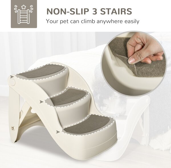 PawHut Foldable Pet Stairs Portable Dog Steps 3-Step Design with Non-slip Mats for High Beds, Sofas, 49 x 38 x 38 cm, Cream Aosom UK