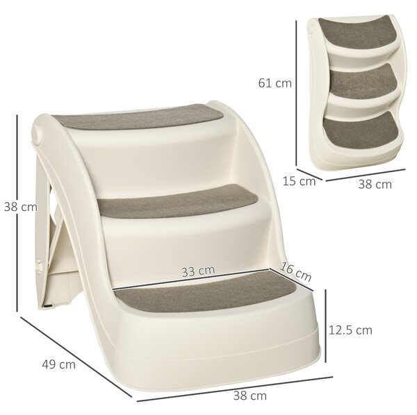 PawHut Foldable Pet Stairs Portable Dog Steps 3-Step Design with Non-slip Mats for High Beds, Sofas, 49 x 38 x 38 cm, Cream Aosom UK