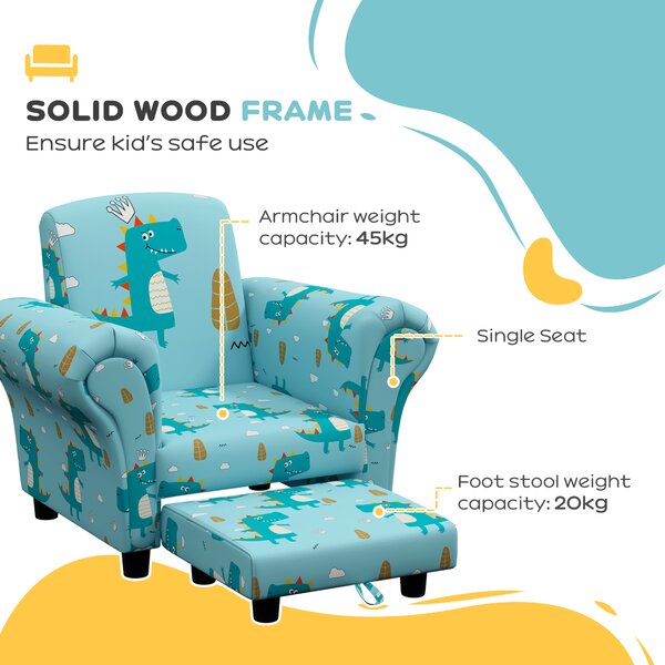 AIYAPLAY 2 Piece Kids Sofa Set with Dinosaur Design, Wooden Frame, for 1.5-3 Years Old, Blue Aosom UK