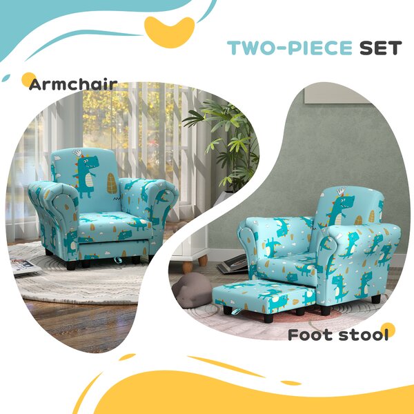 AIYAPLAY 2 Piece Kids Sofa Set with Dinosaur Design, Wooden Frame, for 1.5-3 Years Old, Blue Aosom UK