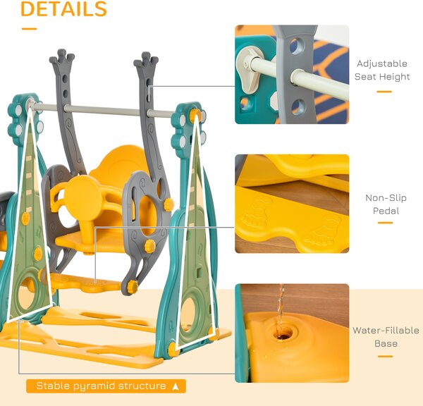 HOMCOM 3-IN-1 Kids Swing and Slide Set with Basketball Hoop Slide Swing Adjustable Seat Height Toddler Playground Activity Center Indoor and Outdoor