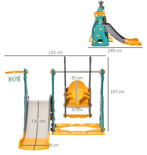 HOMCOM 3-IN-1 Kids Swing and Slide Set with Basketball Hoop Slide Swing Adjustable Seat Height Toddler Playground Activity Center Indoor and Outdoor