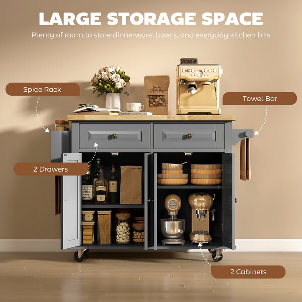 HOMCOM Rolling Kitchen Island Storage Trolley with Rubber Wood Top & Drawers for Dining Room, Grey Aosom UK