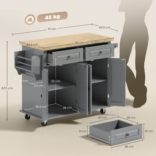 HOMCOM Rolling Kitchen Island Storage Trolley with Rubber Wood Top & Drawers for Dining Room, Grey Aosom UK