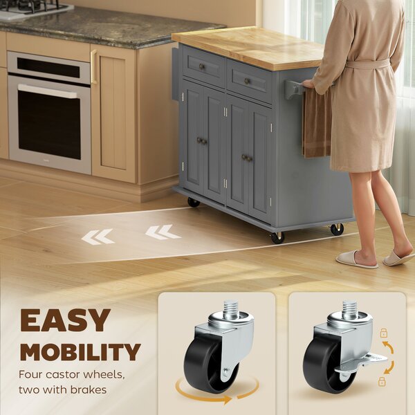 HOMCOM Rolling Kitchen Island Storage Trolley with Rubber Wood Top & Drawers for Dining Room, Grey Aosom UK