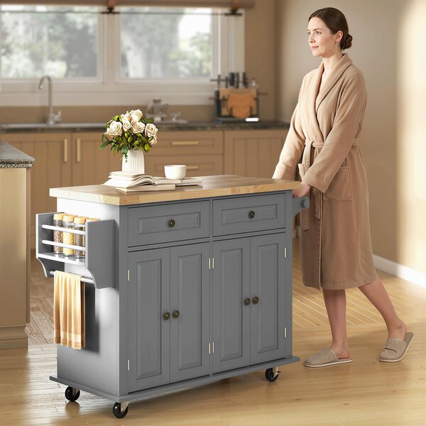 HOMCOM Rolling Kitchen Island Storage Trolley with Rubber Wood Top & Drawers for Dining Room, Grey Aosom UK