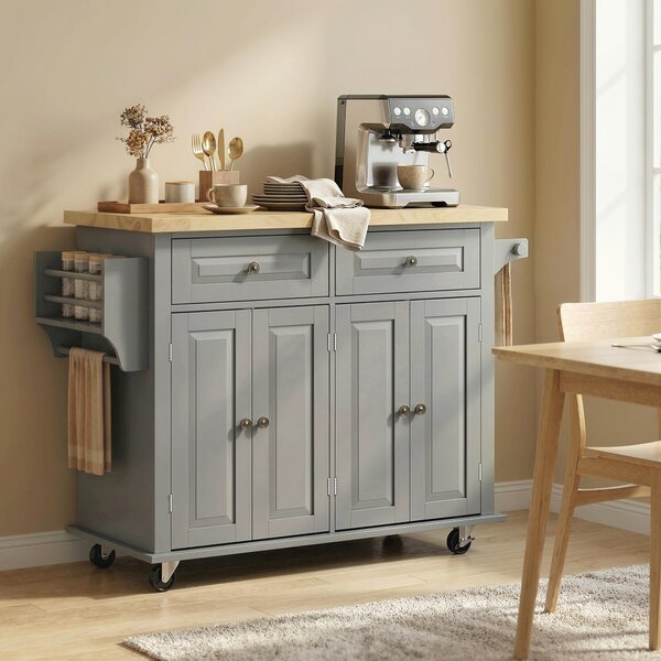HOMCOM Rolling Kitchen Island Storage Trolley with Rubber Wood Top & Drawers for Dining Room, Grey Aosom UK