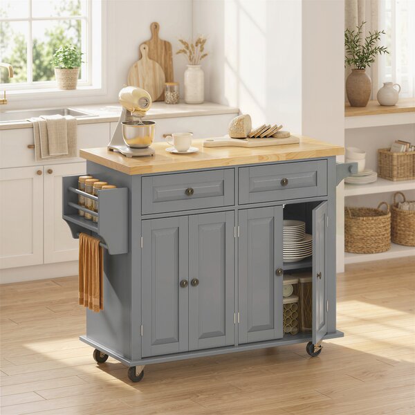 HOMCOM Rolling Kitchen Island Storage Trolley with Rubber Wood Top & Drawers for Dining Room, Grey Aosom UK