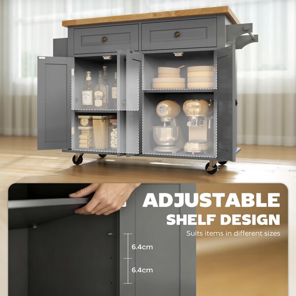 HOMCOM Rolling Kitchen Island Storage Trolley with Rubber Wood Top & Drawers for Dining Room, Grey Aosom UK