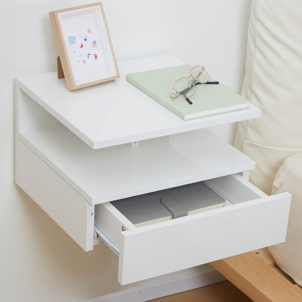 HOMCOM Set of Two Floating High Gloss Bedside Tables - White Aosom UK