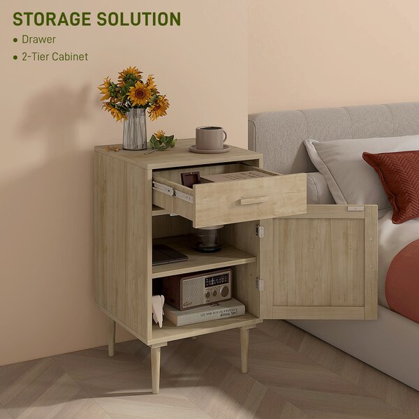 HOMCOM Bedside Table, Rattan Side Tables w/ Drawer, Cabinet & Adjustable Shelf, Boho Bedside Cabinet w/ Storage for Bedroom, Living Room, Aosom UK