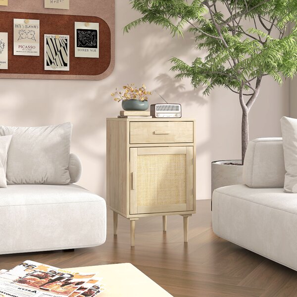 HOMCOM Bedside Table, Rattan Side Tables w/ Drawer, Cabinet & Adjustable Shelf, Boho Bedside Cabinet w/ Storage for Bedroom, Living Room, Aosom UK