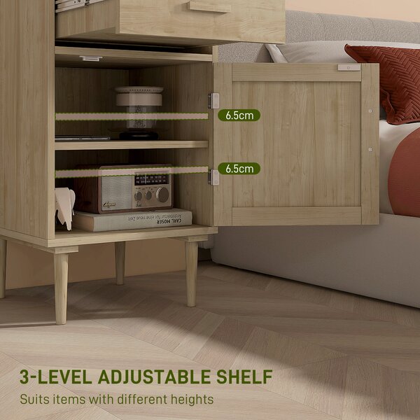 HOMCOM Bedside Table, Rattan Side Tables w/ Drawer, Cabinet & Adjustable Shelf, Boho Bedside Cabinet w/ Storage for Bedroom, Living Room, Aosom UK