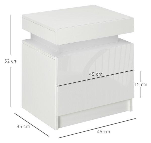HOMCOM White Bedside Table with LED Light, High Gloss Front Nightstand with 2 Drawers, for Living Room, Bedroom