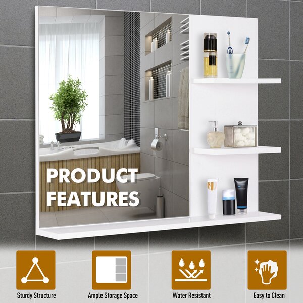 Kleankin Wall-Mounted Vanity Mirror: 3-Tier Shelving Unit for Bathroom Storage & Organisation, White Aosom UK