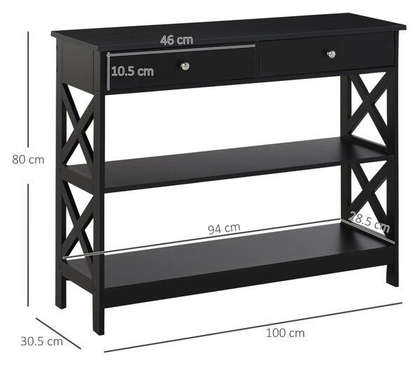 HOMCOM Console Table Side Desk w/ Shelves Drawers Open Top X Support Frame Living Room Hallway Home Office Furniture Black