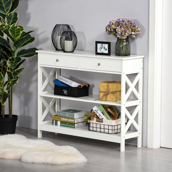 HOMCOM Console Table Side Desk w/ Shelves Drawers Open Top X Support Frame Living Room Hallway Home Office Furniture White Aosom UK