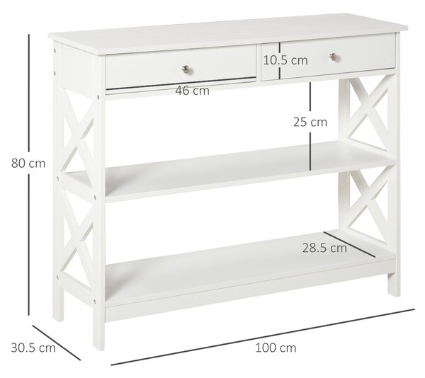 HOMCOM Console Table Side Desk w/ Shelves Drawers Open Top X Support Frame Living Room Hallway Home Office Furniture White Aosom UK
