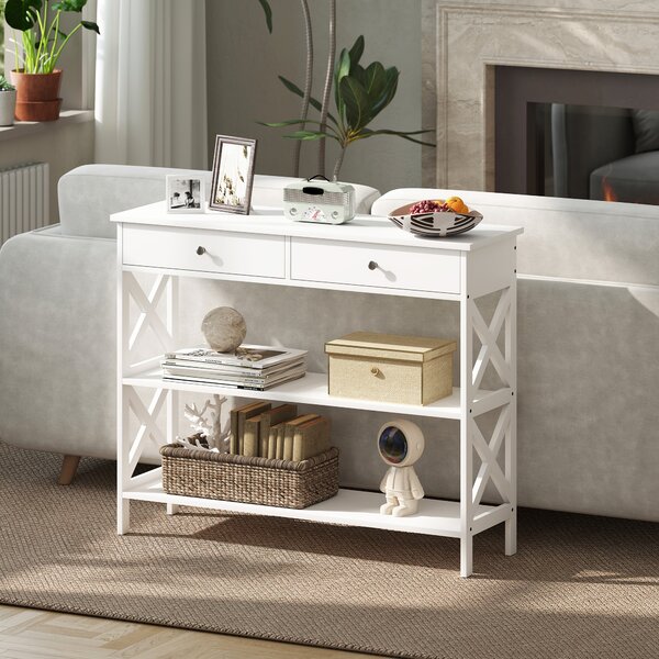 HOMCOM Console Table Side Desk w/ Shelves Drawers Open Top X Support Frame Living Room Hallway Home Office Furniture White Aosom UK