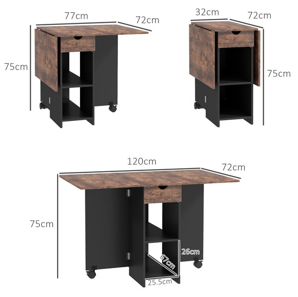 HOMCOM Folding Dining Table, Drop Leaf Table for Small Spaces, Foldable Table with Drawer and Storage Shelves for Kitchen, Dining Room, Rustic Brown
