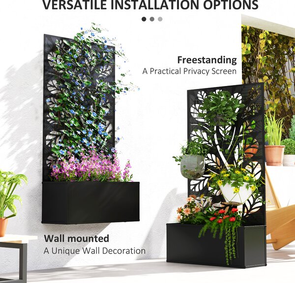 Outsunny Outdoor Metal Planter, with Back Trellis - Black