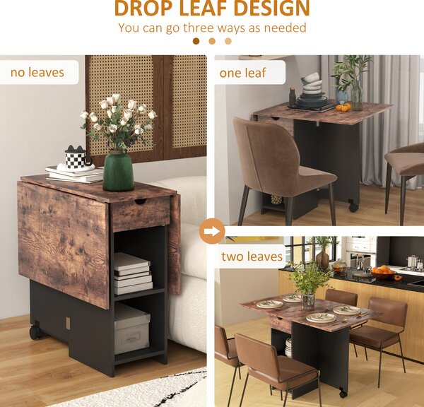 HOMCOM Folding Dining Table, Drop Leaf Table for Small Spaces, Foldable Table with Drawer and Storage Shelves for Kitchen, Dining Room, Rustic Brown