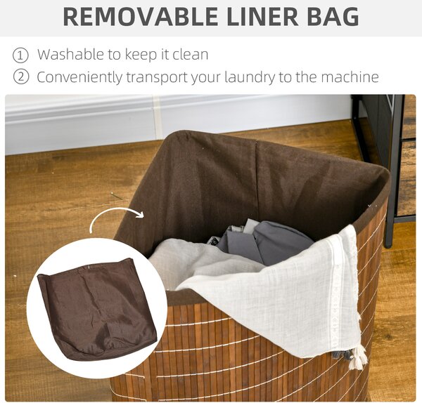 HOMCOM Bamboo Laundry Basket with Lid, 55 Litres Laundry Hamper with Removable Washable Lining, Corner Washing Baskets, 38 x 38 x 57cm, Brown