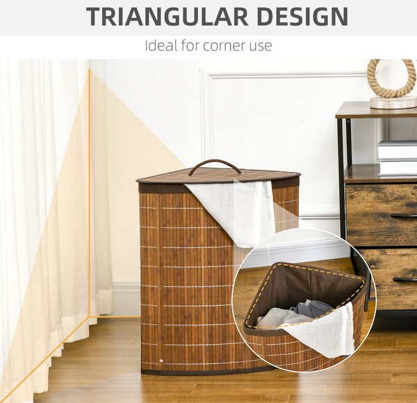 HOMCOM Bamboo Laundry Basket with Lid, 55 Litres Laundry Hamper with Removable Washable Lining, Corner Washing Baskets, 38 x 38 x 57cm, Brown