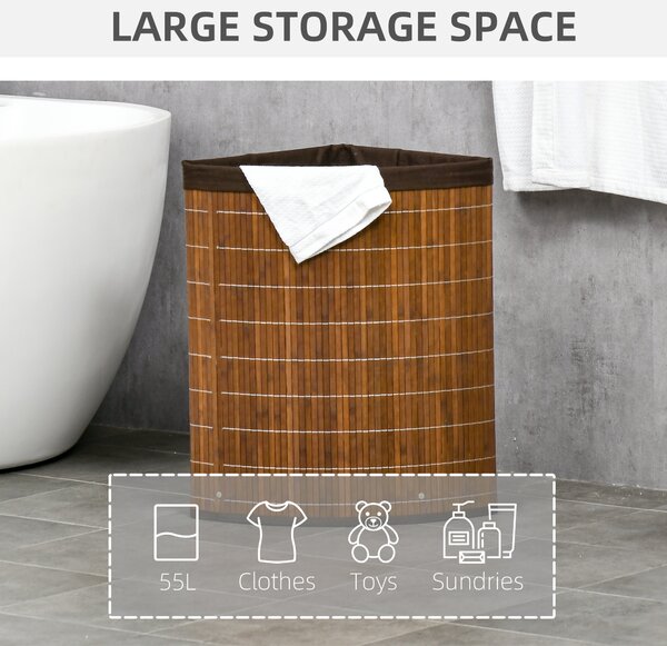 HOMCOM Bamboo Laundry Basket with Lid, 55 Litres Laundry Hamper with Removable Washable Lining, Corner Washing Baskets, 38 x 38 x 57cm, Brown
