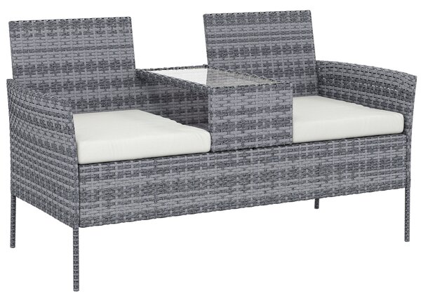 Outsunny Garden Loveseat 2 Seater Rattan Chair for Garden Outddor, with Glass-top Middle Table, Padded Cushions, Grey Aosom UK