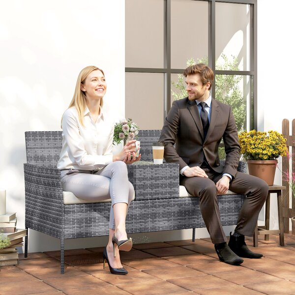 Outsunny Garden Loveseat 2 Seater Rattan Chair for Garden Outddor, with Glass-top Middle Table, Padded Cushions, Grey Aosom UK