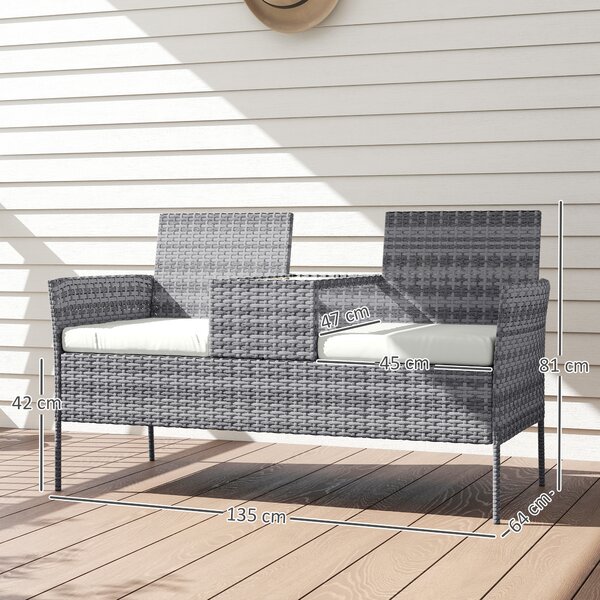 Outsunny Garden Loveseat 2 Seater Rattan Chair for Garden Outddor, with Glass-top Middle Table, Padded Cushions, Grey Aosom UK