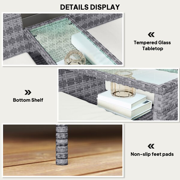 Outsunny Garden Loveseat 2 Seater Rattan Chair for Garden Outddor, with Glass-top Middle Table, Padded Cushions, Grey Aosom UK