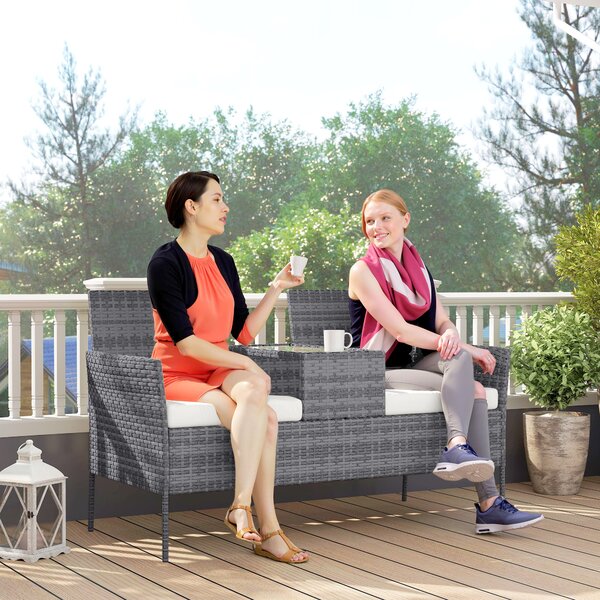 Outsunny Garden Loveseat 2 Seater Rattan Chair for Garden Outddor, with Glass-top Middle Table, Padded Cushions, Grey Aosom UK