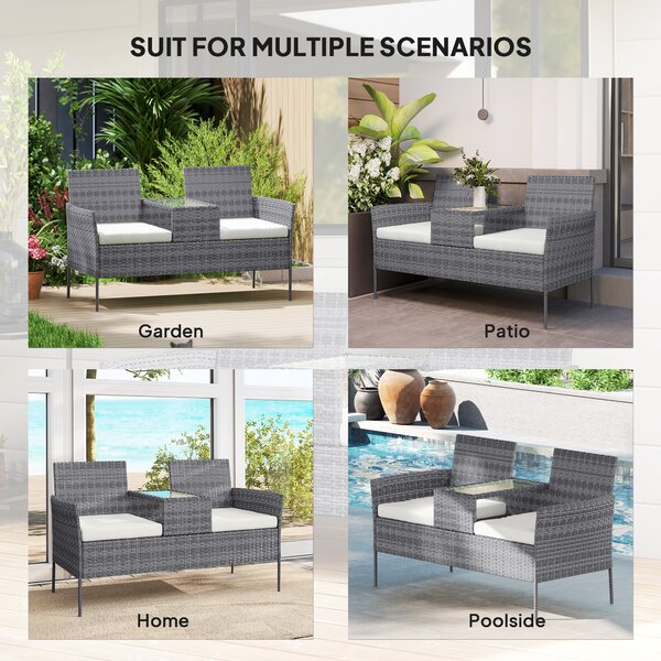 Outsunny Garden Loveseat 2 Seater Rattan Chair for Garden Outddor, with Glass-top Middle Table, Padded Cushions, Grey Aosom UK