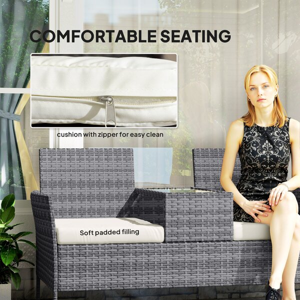 Outsunny Garden Loveseat 2 Seater Rattan Chair for Garden Outddor, with Glass-top Middle Table, Padded Cushions, Grey Aosom UK