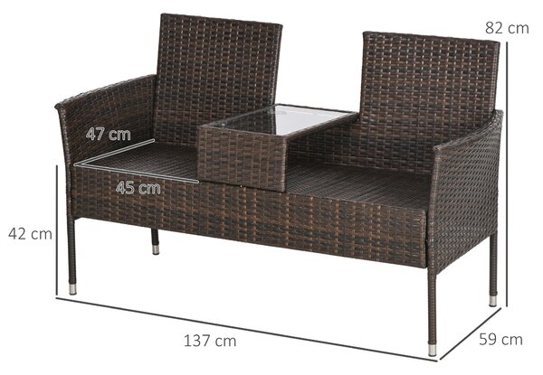 Outsunny Two-Seat Rattan Chair, with Middle Table - Brown