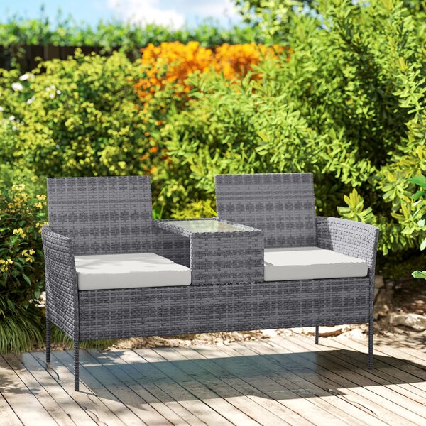 Outsunny Garden Loveseat 2 Seater Rattan Chair for Garden Outddor, with Glass-top Middle Table, Padded Cushions, Grey Aosom UK